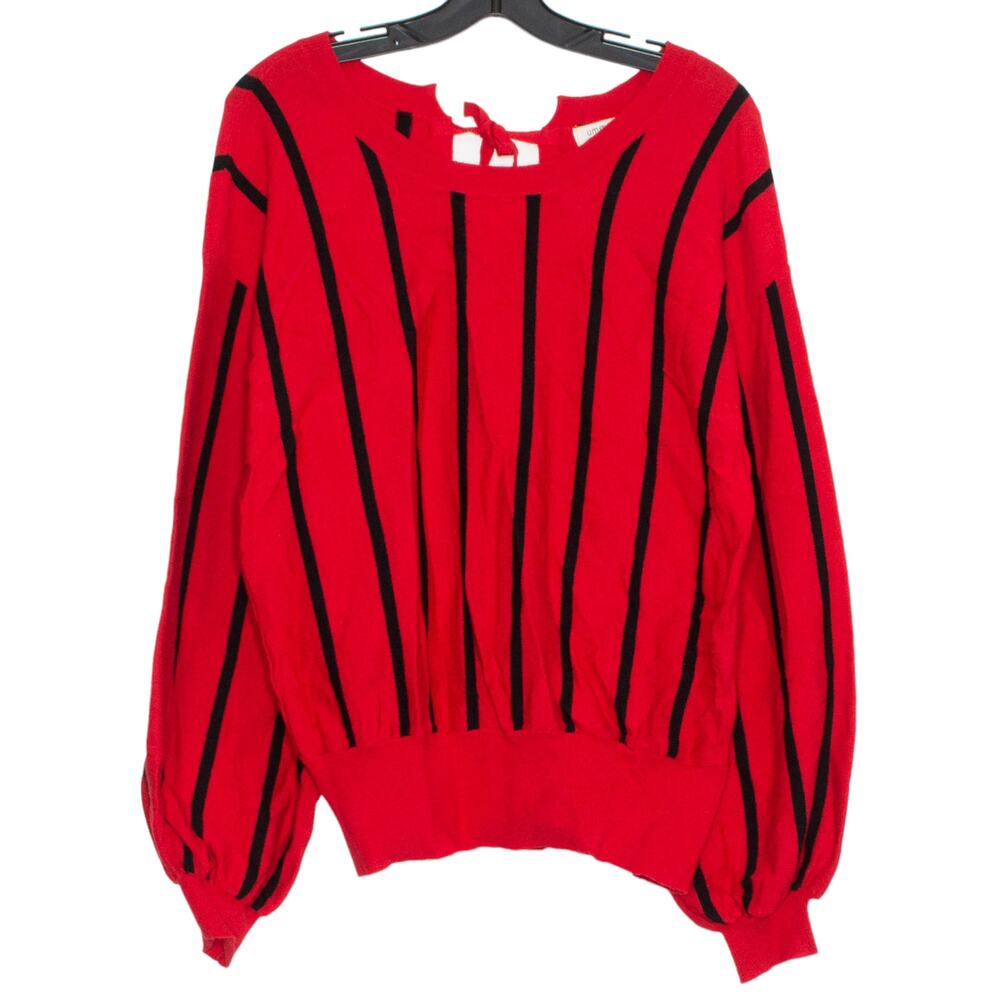 Umgee Striped Sweater Red Black Boho Open Back Balloon Sleeve Feminine Chic M
